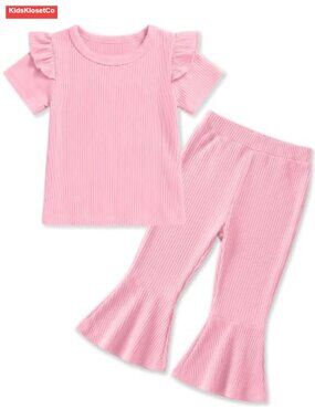 Toddler Girls 2 Piece Summer Outfit Ruffle Sleeve Top Flare Pants Set